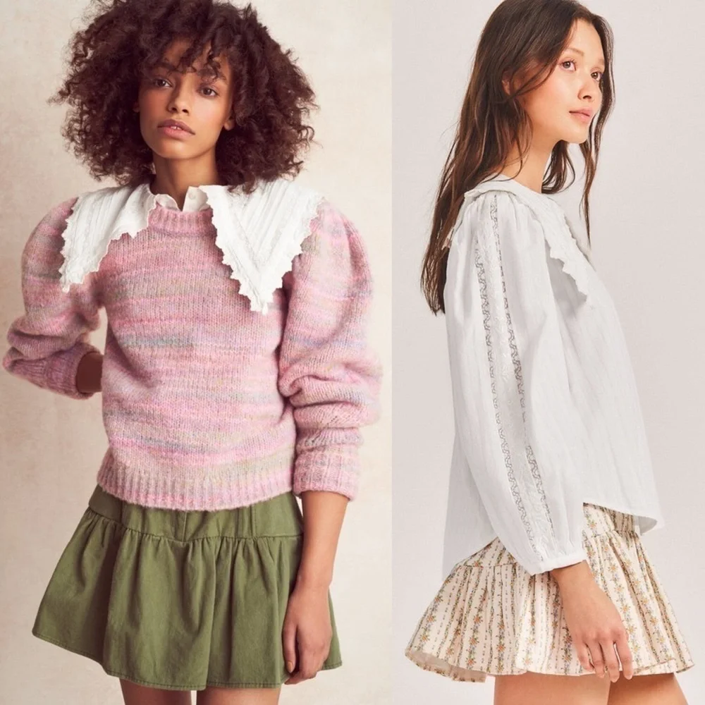 LOVESHACKFANCY Lace Embroidered Oversized Collar Puff Long Sleeve Pintuck Top XS